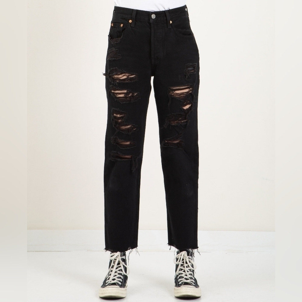 Levi's Premium 25 Washed Black Button Fly 100% Cotton Denim Jeans Distressed 501